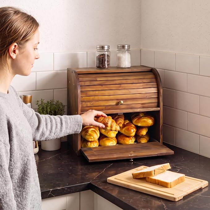 Alpeir Roll Top Bread Box with Cutting Board for Kitchen Countertop, Brown | Large Breadbox with Ventilation Holes, Double Layer Pantry Shelf, Wooden Homemade Bread Storage Container, Vintage Farmhouse - Image 2