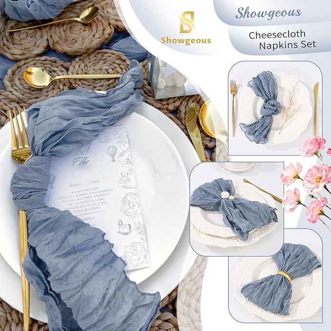 50 Pack Dusty Blue Cheesecloth Napkins 20"x20" Boho Washable Cloth Napkins Set of 50 Wrinkled Cheese Cloth Napkins Gauze Dinner Table Napkin for Wedding Party Baby Shower Birthday Decor - Image 4