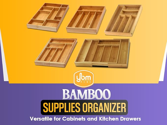 YBM HOME Pack of 6 Bamboo Cutlery Tray Flatware Silverware Drawer Organizer with 5 Compartments, 338 - Image 3