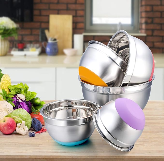 P&P CHEF Mixing Bowls with Lids Set of 5, Stainless Steel Nesting Salad Bowl with Lid & Base for Non-slip Mixing Prepping Storing Serving, 5 Sizes-7/3.5/2.5/1.5/1 QT, Multicolor - Image 2