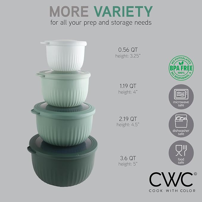 COOK WITH COLOR Prep Bowls with Lids- Wide and Deep Nesting Plastic Small Mixing Bowl Set with Lids, 8 Piece Set - Deep Bowls, Sage - Image 2