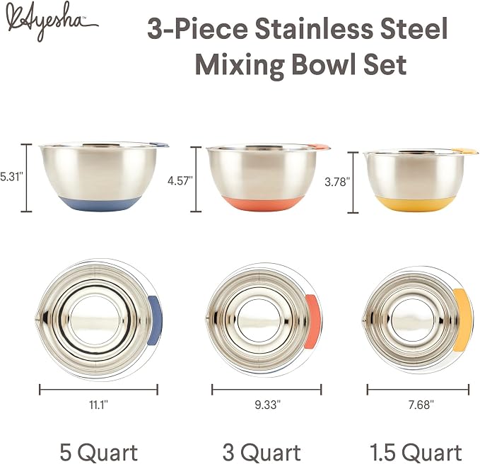 Ayesha Curry Kitchenware Pantryware Stainless Steel Nesting Mixing Bowls, 3-Piece Set, Silver with Color Accent Handles - Image 2