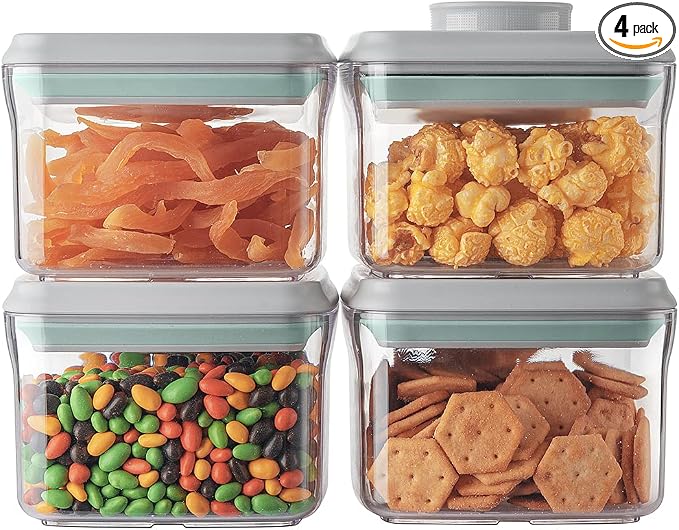 Airtight Container Set - (380ml 4 Pcs) Stackable One Button Openning Food Containers for Snacks Candy Salt Herbs Spices BPA-Free Tranparent (0.32 QT * 4) by ANKOU