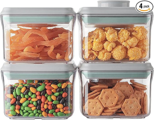 Airtight Container Set - (380ml 4 Pcs) Stackable One Button Openning Food Containers for Snacks Candy Salt Herbs Spices BPA-Free Tranparent (0.32 QT * 4) by ANKOU