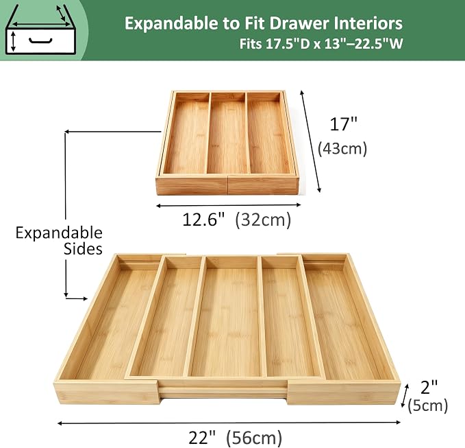 Utoplike Bamboo Expandable Kitchen Drawer Organizer Silverware Utensil Tray | Cutlery Holder, Drawers Divider for Large Utensils, Flatware, Knives, Spatulas in Kitchen, Office, Adjustable 3-5 Slots - Image 3