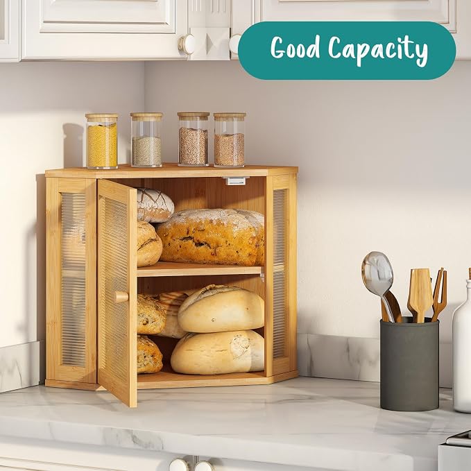 Corner Bread Box, Bamboo Bread Box for Kitchen Countertop, 2 Tier Wooden Bread Storage (Natural, Medium) - Image 2