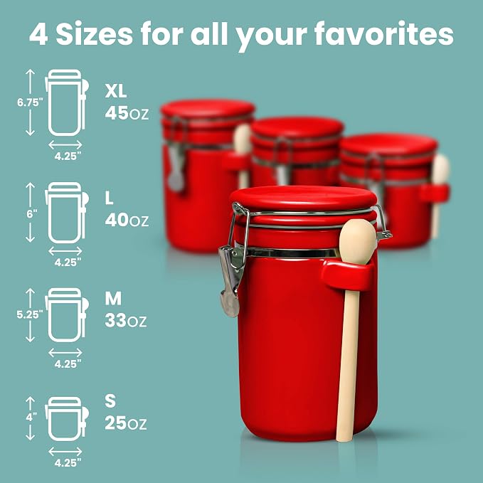 Home Intuition Smell Proof 4-Piece Ceramic Kitchen Canisters Set, Airtight Containers with Wooden Spoons Reusable Chalk Labels and Marker for Sugar, Coffee, Flour, Tea (Red) - Image 6