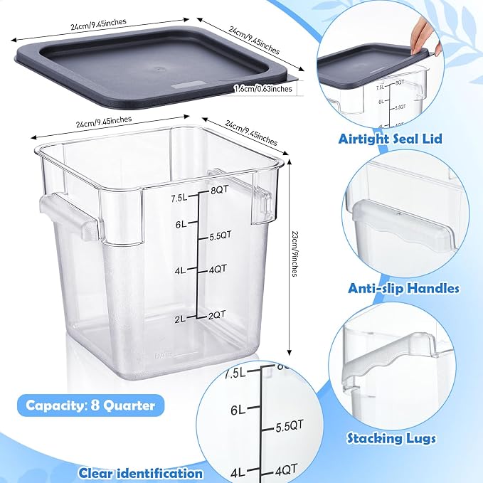 2 Pcs Square Food Storage Container Polycarbonate Clear Food Container with Gray Lid Commercial Rice Storage with Gray Graduations for Commercial Kitchen(8 Qt) - Image 2
