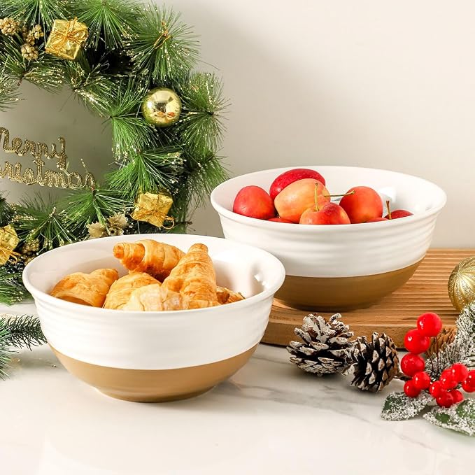 HASENSE Large Ceramic Serving Bowls Set of 2, 60 Oz 8.5 Inch White & Terracotta Stoneware Bowls, Farmhouse Bowls for Salad, Soup & Pasta, Dishwasher & Microwave Safe, Christmas Entertaining Dishes - Image 4