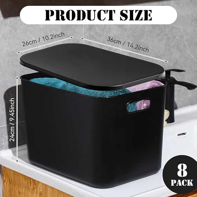 8 Pieces Colorful Storage Bins with Lid, Plastic Storage Basket Organizing Container Stackable Box with Handle for Shelves Desktop Playroom Office(14.2 x 10.2 x 9.5 Inch,Black) - Image 2