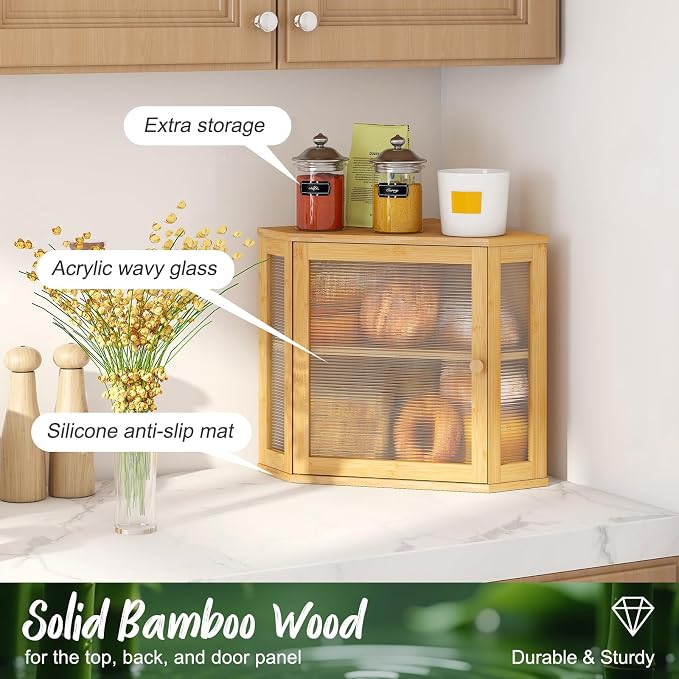 Corner Bread Box, Bamboo Bread Box for Kitchen Countertop, 2 Tier Wooden Bread Storage (Natural, Medium) - Image 6