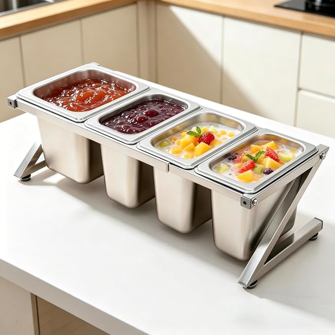 Telescoping Pizza Topping Station Container Food Prep Condiment Holder | Stainless Steel Container Set Spice Rack with 4 Pans & 4* Spoons & Lids, Food Truck Kitchen Buffet Pizza Oven Accessories - Image 7