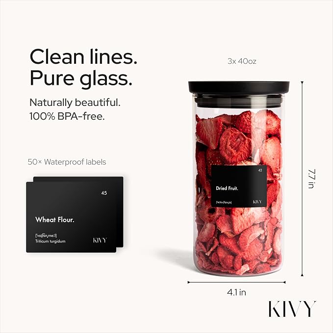 KIVY Airtight Glass Jars with Lids & Labels [3x 40oz] Stackable Glass storage jars with airtight lids - Glass Jars with airtight lid - Food Glass canisters with air tight lids - Pantry containers - Image 2