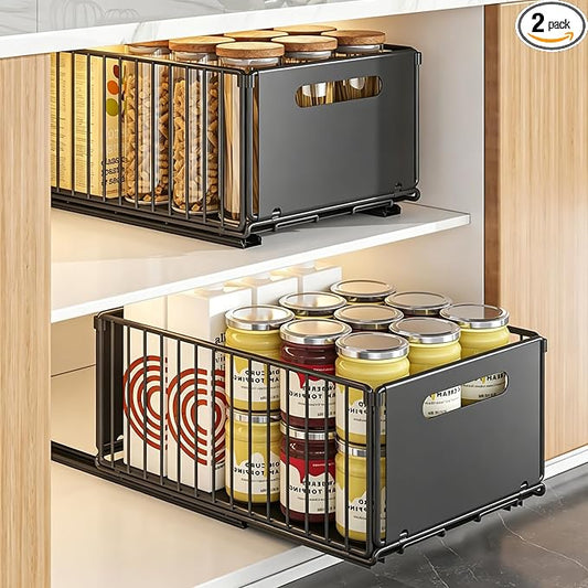 2 Pack Pull Out Cabinet Organizer, Heavy Duty Slide Out Drawer with No Drill Adhesive or Screw Mount, Carbon Steel Roll Out Shelf for Kitchen Cabinet, Pantry & Bathroom Storage by NECHEGI
