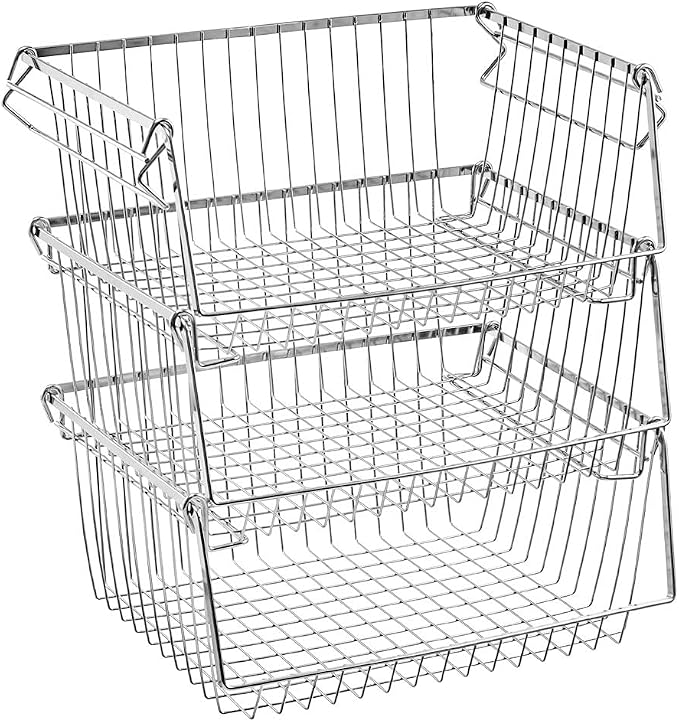 SANNO Stacking Baskets Bin Baskets Wire Storage Baskets Organization Farmhouse Scoop Baksket for Pantry, Kitchen, Closets, Bathroom, Cabinets, Kitchen, Set of 3 by SANNO