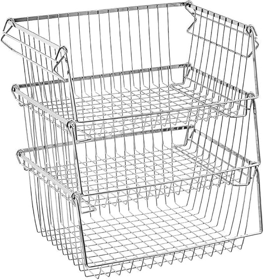 SANNO Stacking Baskets Bin Baskets Wire Storage Baskets Organization Farmhouse Scoop Baksket for Pantry, Kitchen, Closets, Bathroom, Cabinets, Kitchen, Set of 3 by SANNO