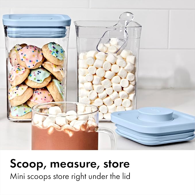 OXO Good Grips 3-Piece POP Container Set with Mini Scoops — Sky Blue, 1.1 Qt/1 L Capacity, Airtight Pop-Up Container with Push-Button Seal, Kitchen Storage Canisters for Cereal and Snacks - Image 5