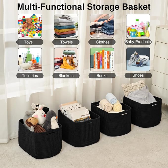 ICERZCZ Storage Baskets for Organizing & Shelves, Woven Cotton Rope Organization Bins for Dog Toys, Clothes, Books, Nursery Organizer, 15"Lx11''Wx9.5''H, (4 Packs) Black - Image 4