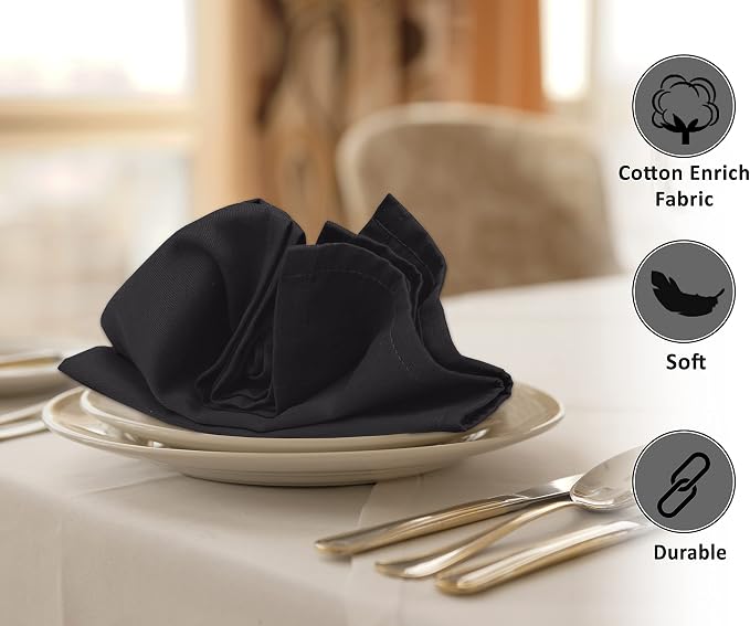 Ruvanti Cloth Napkins set of 12, 18x18 Inches Napkins Cloth Washable, Soft, Durable, Absorbent, Cotton Blend. Table Dinner Napkins Cloth for Hotel, Lunch, Restaurant, Weddings, Events, Parties - Black - Image 3