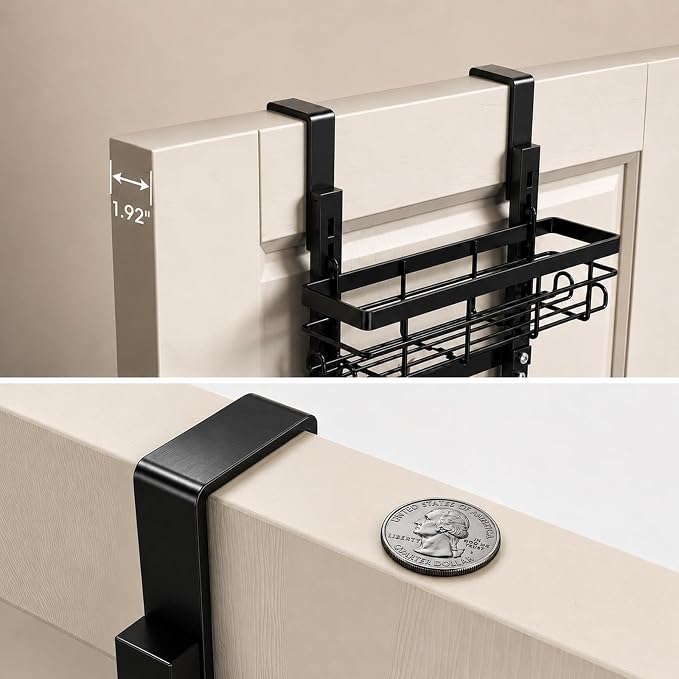 Over the Door Spice Rack 9-Tier Black for Kitchen Pantry | Adjustable 9-tier metal over-door storage rack for kitchen, pantry. Rust-resistant, hooks, suction cups, no-drill. - Image 3