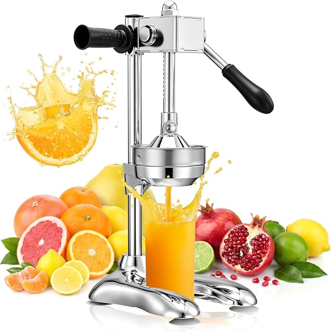 Stainless Steel Manual Citrus Juicer with Stable Countertop Base | Cast Iron Juicer, Hand Juice Squeezer, Gear-Drive Rotary Press for Oranges, Lemons, Pomegranates by Unknown