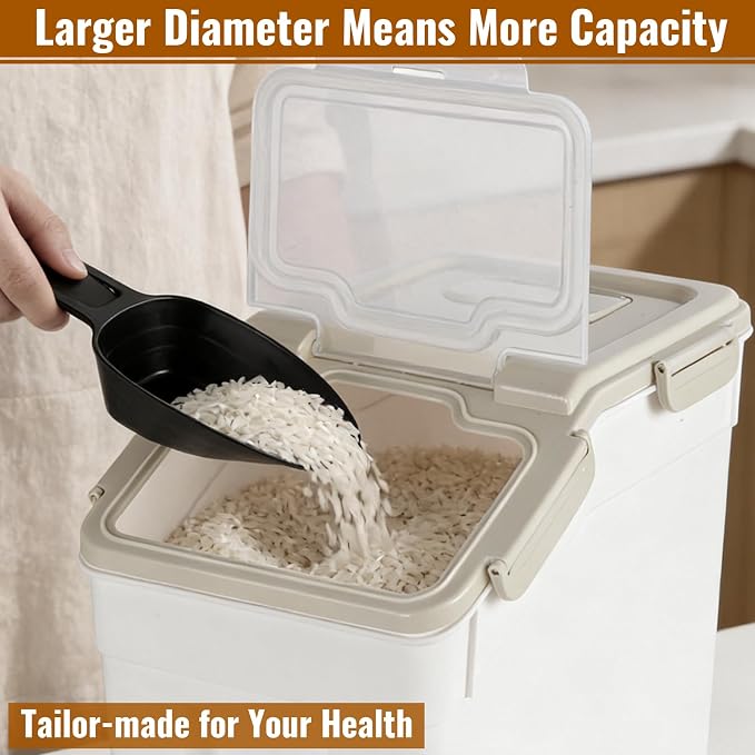 4 Pack Rice Container 25 lbs Large Bulk Flour Sugar Storage Holdhouse Plastic Grain Cereal Dry Goods Bin with Spoon and Measuring Cup for Kitchen Pantry Organization - Grey - Image 6