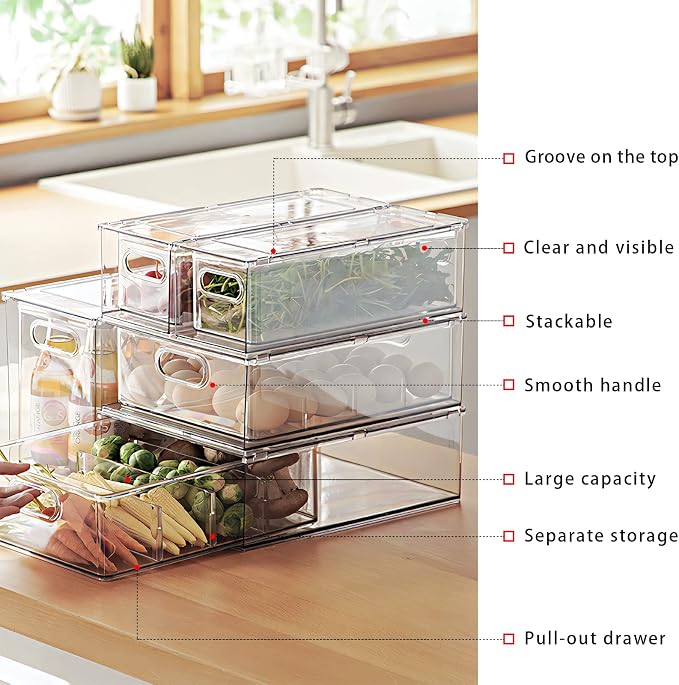 Mano 3PackFridge Drawer Pull Out Stackable Bins with Handle Clear Refrigerator Drawers Organizer Food Storage Container Box with Dividers Plastic Produce Saver for Pantry, Cabinet, Kitchen（2L+1XL） - Image 3