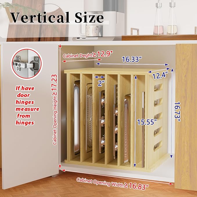 7 Tier Wooden Tray Dividers for Cabinets | Baking Cookie Sheet Organizer, Vertical/Horizontal Cabinet Dividers for Pots, Cutting Board, Kitchen Organizers and Storage - Image 3
