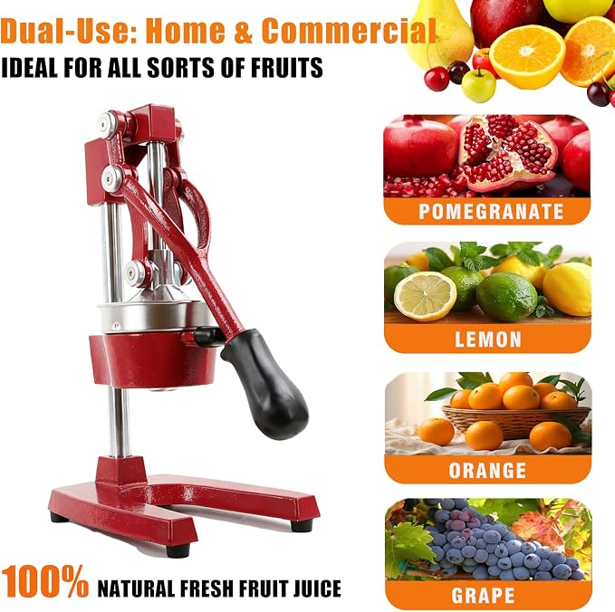 Kitchen Cast Iron Juicer - Easy-to-Clean Heavy-Duty Manual Juicer, Professional Citrus Juicer - Stainless Steel Lemon Squeezer - Manual Citrus Press & Orange Squeezer - Orange Juicer (Red) - Image 6