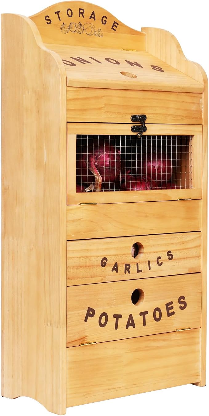 Potato Bin Veggie Organizer Rustic Pine Wood Potato, Onion & Garlic Storage Bin | Kitchen Organizer | Solid Wood Veggie Box | Compact Kitchen Box (13.77" L x 7.1" W x 29.3" H) by ARTAWEIN
