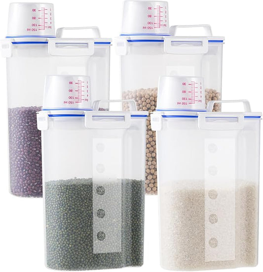 4 Pcs 5 lb Rice Dispenser Flour Storage Container, Airtight Dry Food Storage Bin with Pouring Spout & Measuring Cup, Kitchen Pantry Plastic Clear Jars for Oatmeal, Grain, Cereal, Pasta, Dog Pet Food by Unknown
