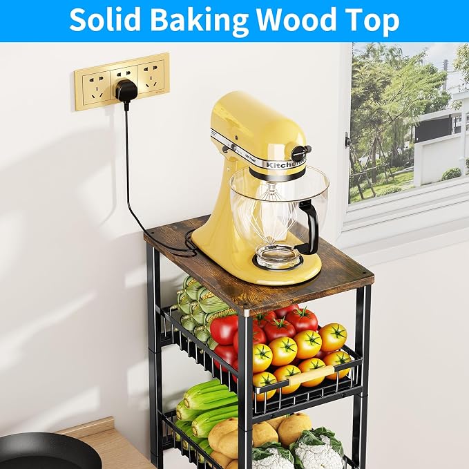 Fruit Vegetable Storage Basket for Kitchen, 5 Tier Large Pull-Out Metal Wire Baskets with 4 Pack Mats Bottom, Wood Top and Wheels, Vegetable Produce Bins Stand Cart Rack for Onions and Potatoes - Image 4