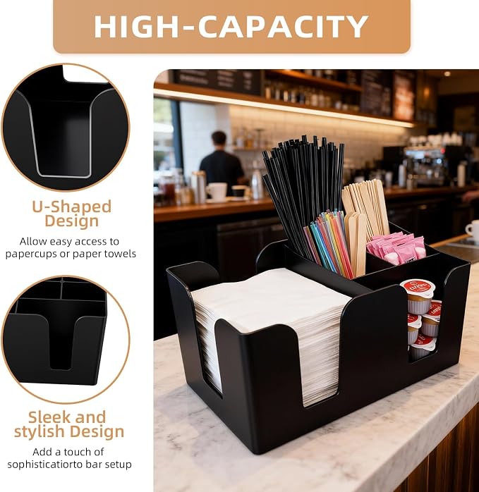 Commercial Cup and Lid Holder with Straw Organizer,Disposable Coffee Cup Condiment Dispenser for Countertop Org, Coffee Bar, Beverage Cup, Kitchen, Breakroom (Bar Caddy with 6 Compartments) - Image 6