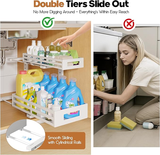 2-Pack 17"Deep Under Sink Organizer And Storage, 2-Tier L-Shaped Pull Out Cabinet Organizer with Upgraded Slide Rails, Height Adjustable Drawers for Kitchen&Bathroom, Extra-Large Storage Shelves–White - Image 3