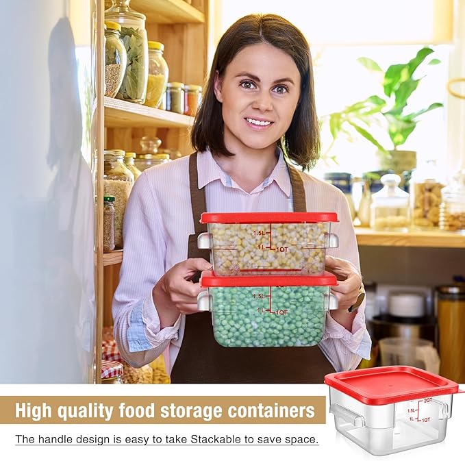 2 Pcs Square Food Storage Container Polycarbonate Clear Food Container with Lid Commercial Rice Storage with Graduations for Commercial Kitchen(2 Qt,Red) - Image 3