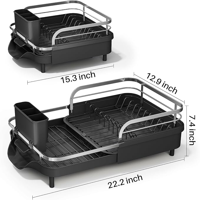 SAYZH Expandable Dish Drying Rack for Small Kitchen Counter, Black | Stainless Steel, Protective Guardrail, Angled Drainboard, Fits High-Rim Sinks, Removable Utensil Holder - Image 4