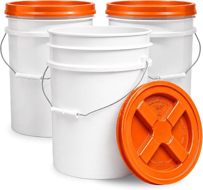 5 Gallon Bucket - Food Grade w/Lid BPA-Free, White/Orange, 3 | Airtight Gamma Seal Screw-On Lid, Heavy-Duty 90 Mil HDPE Plastic, Food Safe and Durable Container, Bulk Storage, Made in USA by ePackageSupply