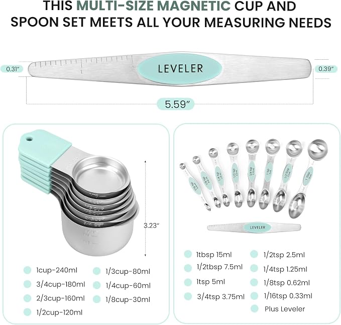 Magnetic Measuring Cups and Spoons Set-Heavy Duty 304 Stainless Steel，Double Measurement Markings，Set of 16 with Leveler for Measure Dry and Liquid Ingredients (Mint) - Image 6