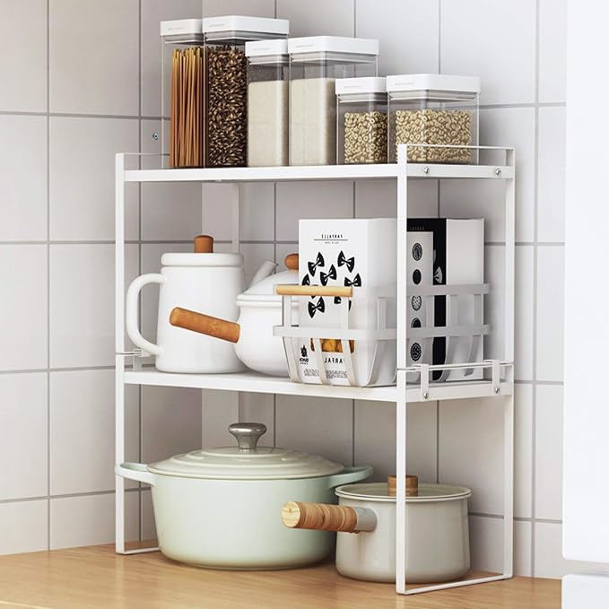 Shantton Cabinet Shelf Organizer, Pantry Shelf Rack, White 13x8.3x7.3 | 2-Pack Stackable Metal Riser Holds 40LBS with Non-Slip Feet for Kitchen Pantry Bathroom Countertop Freezer Cupboard - Image 7