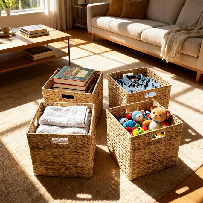 12x12in Storage Baskets,Set of 4 Water Hyacinth Baskets,Wicker Cube Baskets Laundry Organizer,Foldable Handwoven Storage Cubes,for Cube Shelf,Collapsible Laundry Baskets Pantry,Living Room,Bedroom - Image 2