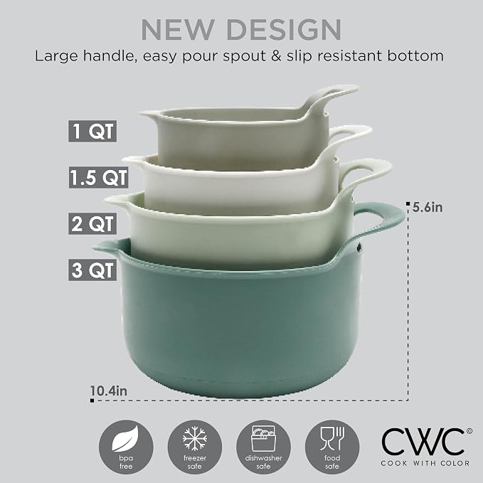COOK WITH COLOR Nesting Plastic Mixing Bowl Set with Pour Spouts and Handles, Sage, 4 Piece Non-Slip - Image 5
