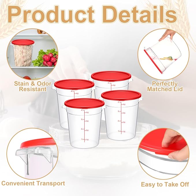 4 Pcs 4 Qt Food Storage Container Bucket with Lids Clear Proofing Containers for Dough Rise Bread with Scale Handle Round Flour Commercial Storage Bucket for Home Restaurant Food(Red) - Image 3