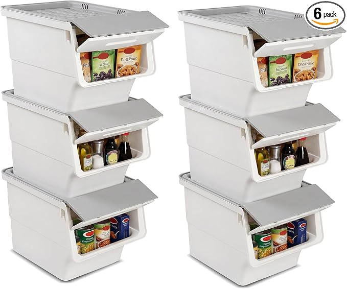 GIANTEX 6 Pack Plastic Stackable Storage Bins with Lids & Wheels, 12.5 QT | Open Front Stacking Bins, Organizer Bins for Pantry, Kitchen, Laundry, Closet, Playroom, Bedroom Organization by Giantex