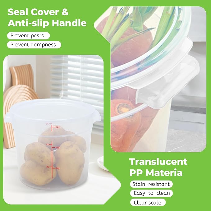 BIEAMA 4 Pack 6 Qt Round Food Storage Containers with Lids, Translucent PP | Include lids, labels, measuring cups and containers with capacity markings for food prep, pantry storage and dough proofing. - Image 5