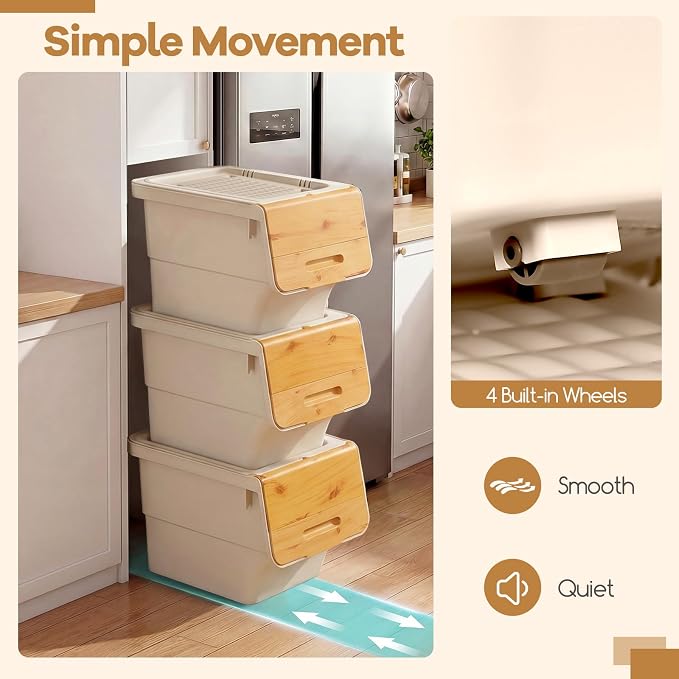 GIANTEX 3 Pack Plastic Stackable Storage Bins with Lids & Wheels, 35 QT | Open Front Stacking Bins, Organizer Bins for Pantry, Kitchen, Laundry, Closet, Playroom, Bedroom Organization - Image 6