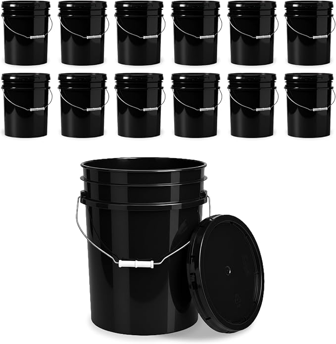 5 Gallon Bucket - Food Grade w/Lid BPA-Free,12 Pack - Black | Airtight Gasketed Tear Strip Lid, Heavy-Duty 90 Mil HDPE Plastic Pail, Bulk Storage, Food Safe Durable Container, Made in USA by ePackageSupply