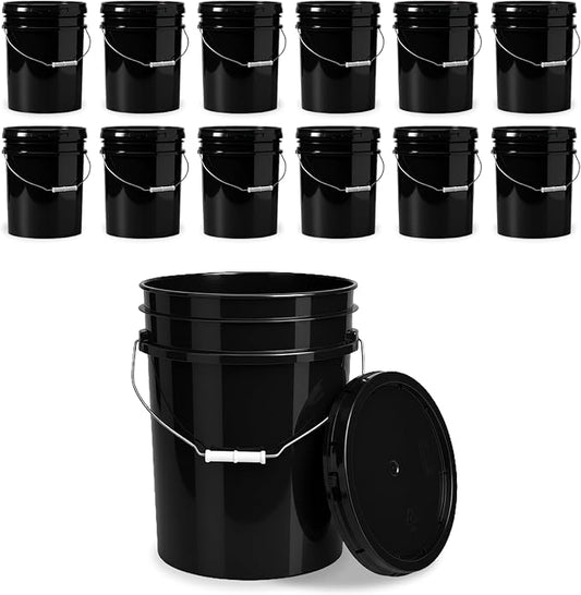5 Gallon Bucket - Food Grade w/Lid BPA-Free,12 Pack - Black | Airtight Gasketed Tear Strip Lid, Heavy-Duty 90 Mil HDPE Plastic Pail, Bulk Storage, Food Safe Durable Container, Made in USA by ePackageSupply