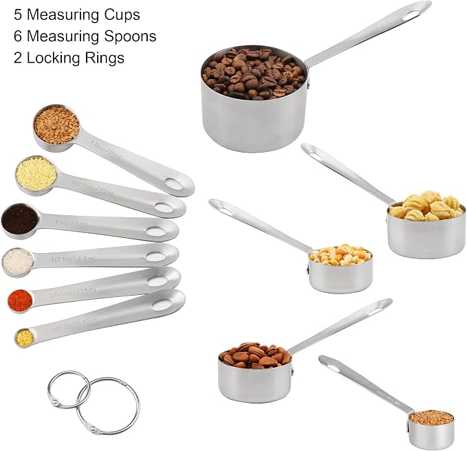 Measuring Cups and Spoons Set 11, 18/8 Stainless Steel Measuring Cups and Spoons for Dry & Liquid, 5 US & Metric Measure Cups and 6 Measure Spoons Set for Kitchen & Baking Measuring Tools - Image 4