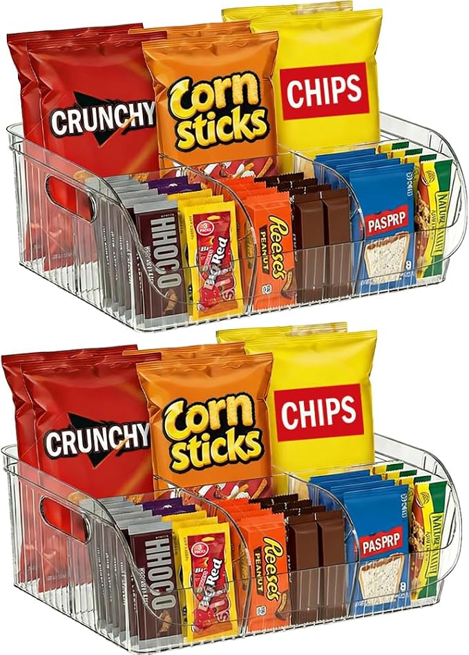 2 Pack Large Snack Organizer for Countertop, Clear Snack Storage Bin | 13.7"×9.3"×6" for Kitchen Pantry, 6 Compartment Plastic Snack Bar with Dividers for Cabinet, Chip Packet Holder for Office by Unknown