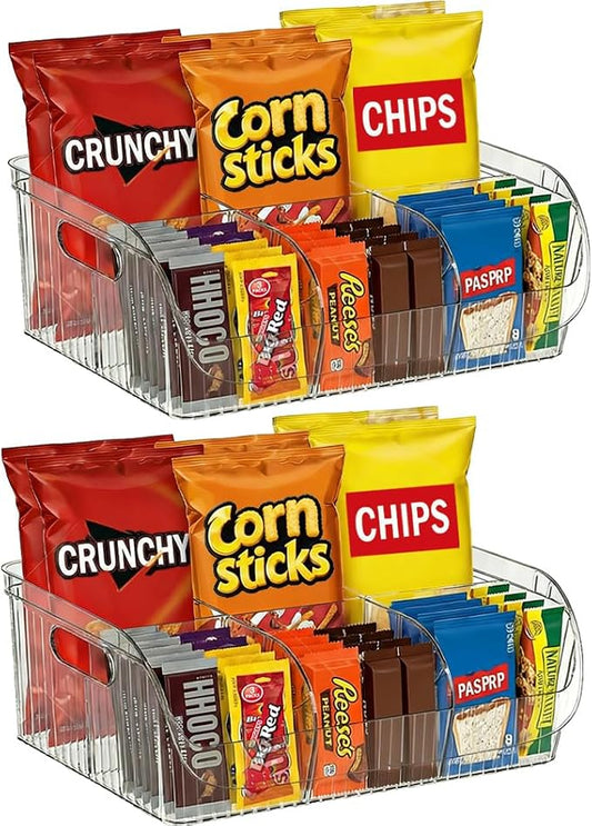 2 Pack Large Snack Organizer for Countertop, Clear Snack Storage Bin | 13.7"×9.3"×6" for Kitchen Pantry, 6 Compartment Plastic Snack Bar with Dividers for Cabinet, Chip Packet Holder for Office by Unknown